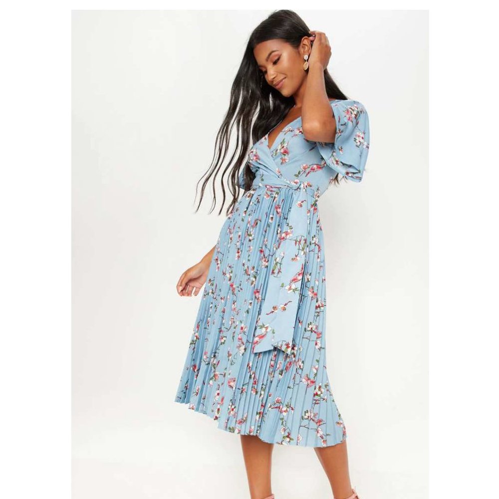 Dusty Blue Floral Pleated Midi Dress